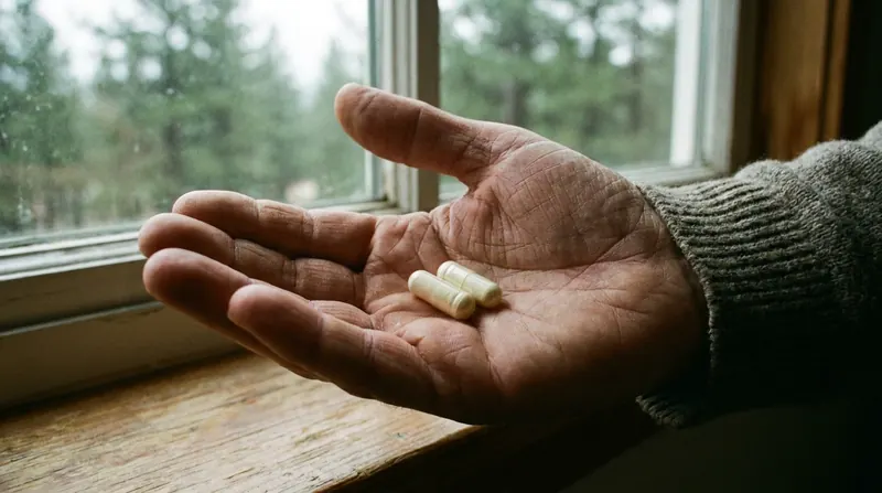 Two ivory capsules resting in an open palm held toward a window