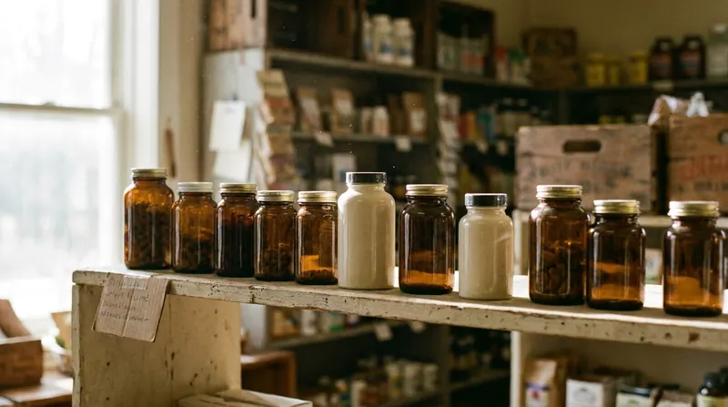 A row of brown and cream supplement bottles on a plain wooden shelf in a country store