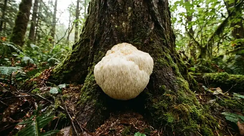 A whole lion's mane mushroom with long white spines growing on the trunk of an old tree
