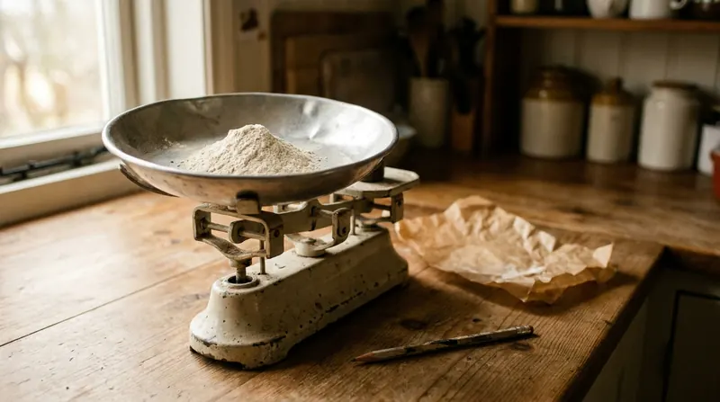 A small kitchen scale on a counter holding a shallow pan with a heap of pale mushroom powder