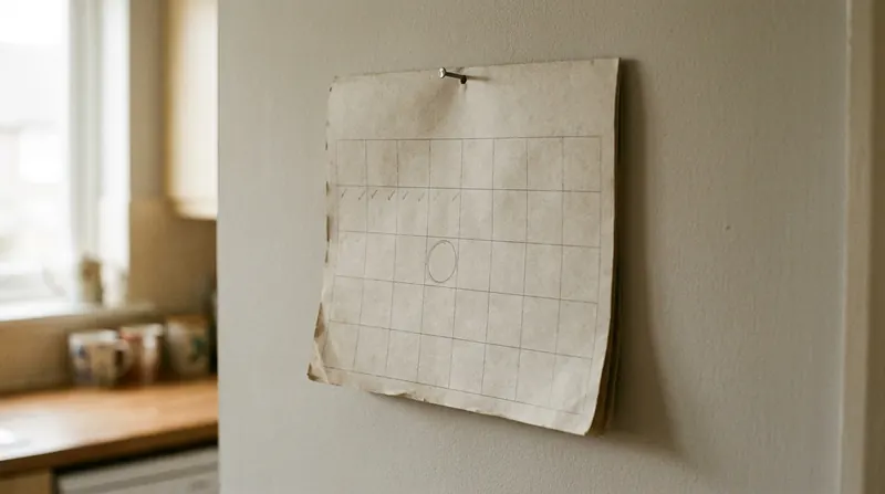 A paper wall calendar on a kitchen wall with one date circled in pencil