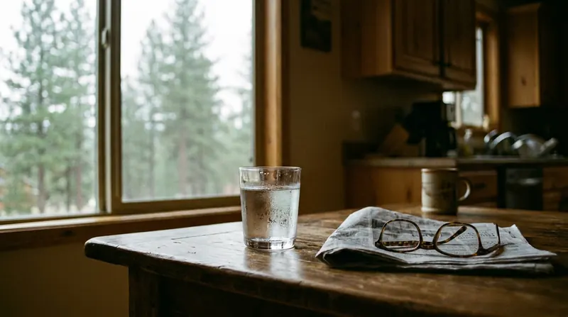 A glass of water on a kitchen table beside a folded newspaper and reading glasses