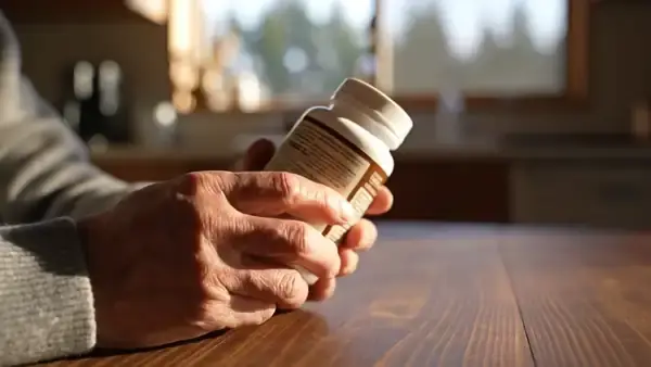 A man's hands turning a white bottle and resting a finger under one line of the back panel