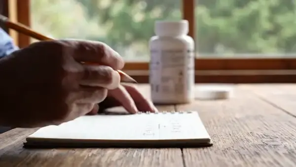 A hand writing a short division in pencil on a notepad beside a white bottle