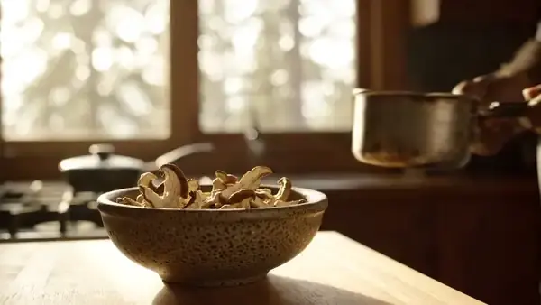 Hands pouring steaming water over pale dried mushroom slices in a ceramic bowl
