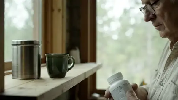 A man setting a white bottle on a kitchen shelf beside a coffee tin and a mug