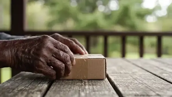 Hands opening a cardboard parcel on a porch table and lifting out a white bottle