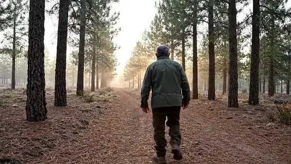 A man in his sixties walking away along a dirt road between tall pines in the early morning