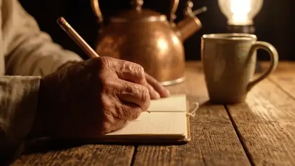 A hand writing one short line in a notebook beside a kettle, then closing it