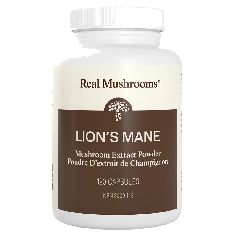 The white bottle of Real Mushrooms Organic Lion's Mane Extract Capsules with a cream and brown label